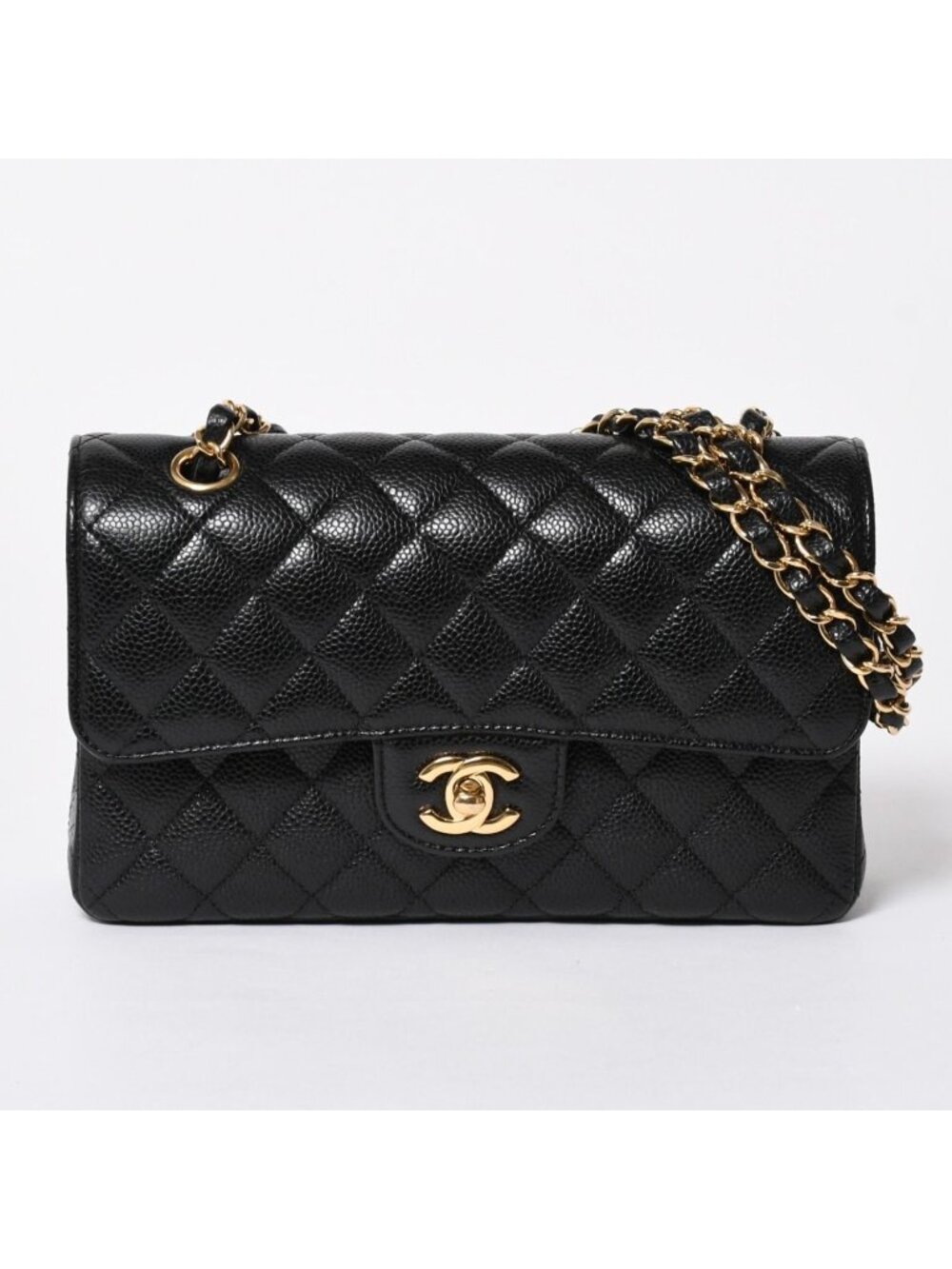 Chanel Quilted 23 Double Flap Chain Shoulder Bag CC Logo Caviar Leather Black